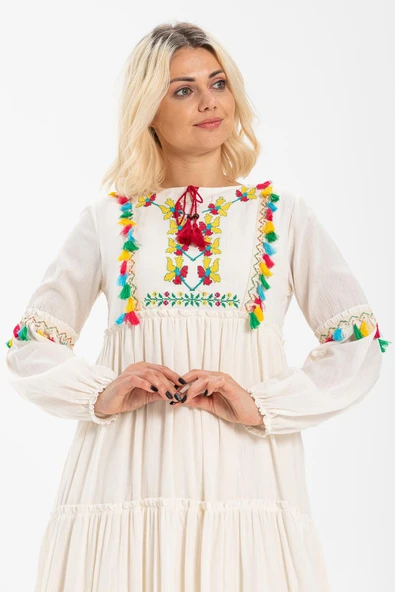 Uzun Kol Şile Bezi İffet Uzun Tesettür Elbise Krem Krm L Krem - Resim 3