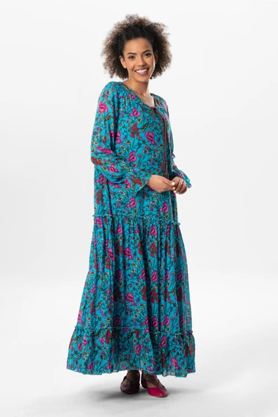 Uzun Kol Vual Gonca Uzun Yazlık Elbise Gelincik Desen Turkuaz Çizgili 6156 L/XL Turkuaz ürün görseli