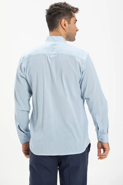 Uzun Kol Şile Bezi Hakim Yaka Tek Cepli Erkek Yazlık Gömlek Buz Mavi 3027 2XL Buz Mavi - Resim 2