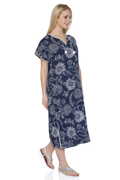 Kısa Kol Şile Bezi Baskılı Uzun Yazlık Elbise Çınar Desen Lacivert Lcvt L Lacivert - Resim 4