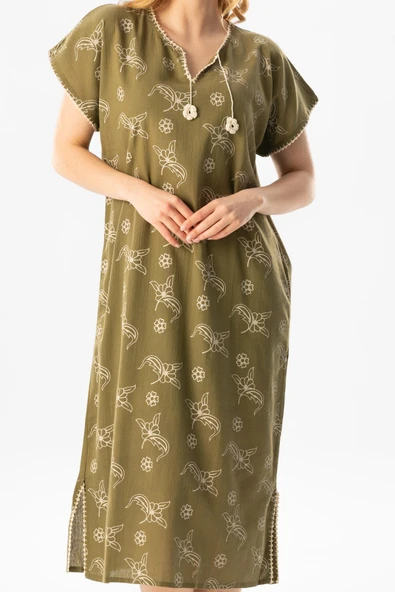 Kısa Kol Şile Bezi Baskılı Midi Boy Yazlık Elbise Serpme Desen Haki Hk L Haki - Resim 3