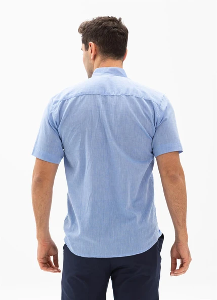 Kısa Kol Şile Bezi Hakim Yaka Tek Cepli Erkek Yazlık Gömlek Mavi 3032 - Resim 2