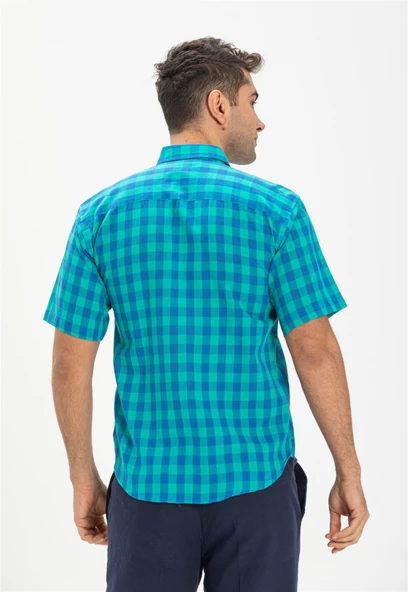 Büyük Beden Kısa Kol Şile Bezi Tek Cepli Erkek Yazlık Gömlek Mint Kareli 3033 4XL Mint Kareli - Resim 2