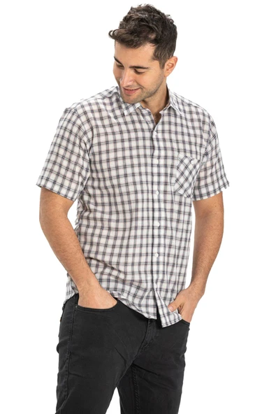 Büyük Beden Kısa Kol Şile Bezi Tek Cepli Erkek Yazlık Gömlek Füme Ekose 3039 6XL Füme Ekose - Resim 5