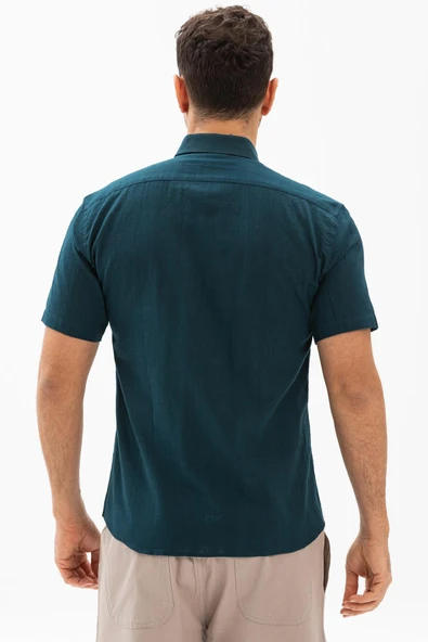 Kısa Kol Dar Kalıp Şile Bezi Tek Cepli Erkek Yazlık Gömlek Koyu Petrol 3069 2XL Koyu Petrol - Resim 2