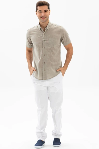 Kısa Kol Dar Kalıp Şile Bezi Tek Cepli Erkek Yazlık Gömlek Taş 3031 XL Taş - Resim 4