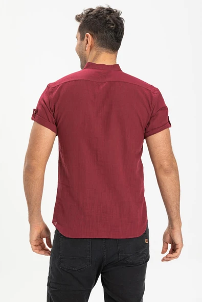 Kısa Kol Şantuklu Pamuk Bodrum Yazlık Erkek Gömlek Koyu Bordo 3068 3XL Koyu Bordo - Resim 2