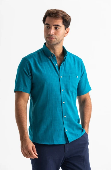 Kısa Kol Dar Kalıp Şile Bezi Tek Cepli Erkek Yazlık Gömlek Petrol 3053 L Petrol - Resim 4