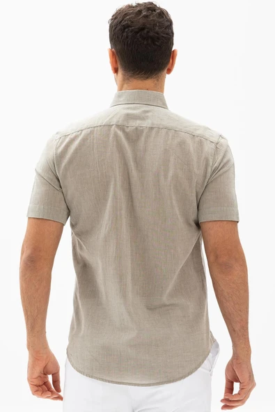 Kısa Kol Dar Kalıp Şile Bezi Tek Cepli Erkek Yazlık Gömlek Taş 3031 L Taş - Resim 3