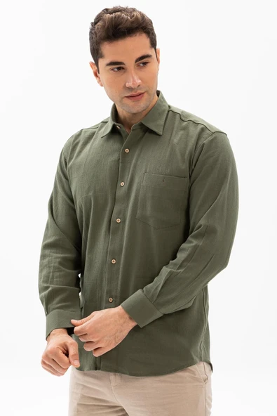 Uzun Kol Şile Bezi Tek Cepli Erkek Yazlık Gömlek Haki 3049 ürün görseli