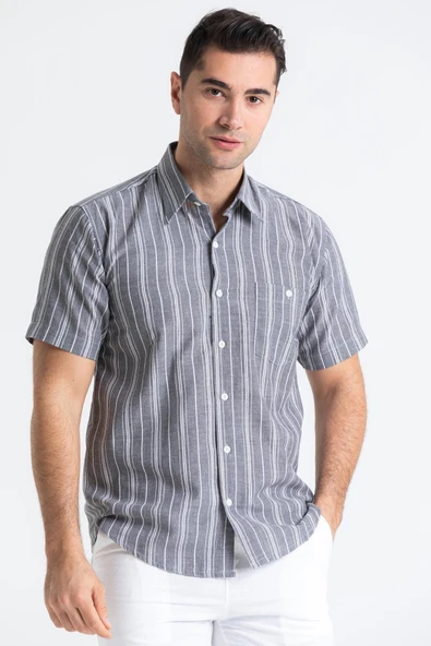Büyük Beden Kısa Kol Şile Bezi Tek Cepli Erkek Yazlık Gömlek Gri Beyaz Çizgili 3078 4XL Gri Beyaz Çizgili ürün görseli