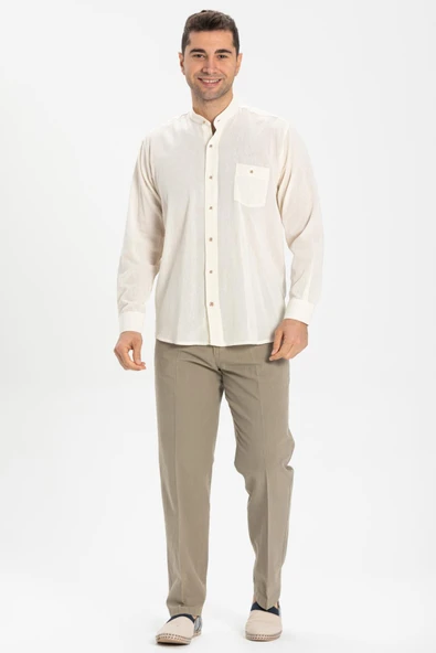 Büyük Beden Uzun Kol Şile Bezi Hakim Yaka Tek Cepli Erkek Yazlık Gömlek Krem 3002 5XL Krem - Resim 4