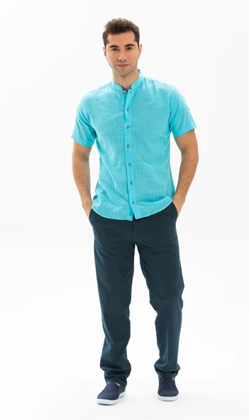 Kısa Kol Şantuklu Pamuk Bodrum Yazlık Erkek Gömlek Açık Turkuaz 3075 - Resim 4