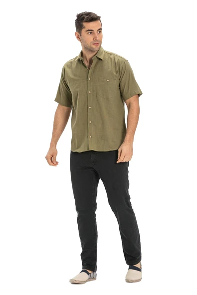 Kısa Kol Şile Bezi Tek Cepli Erkek Yazlık Gömlek Haki 3049 XL Haki - Resim 5