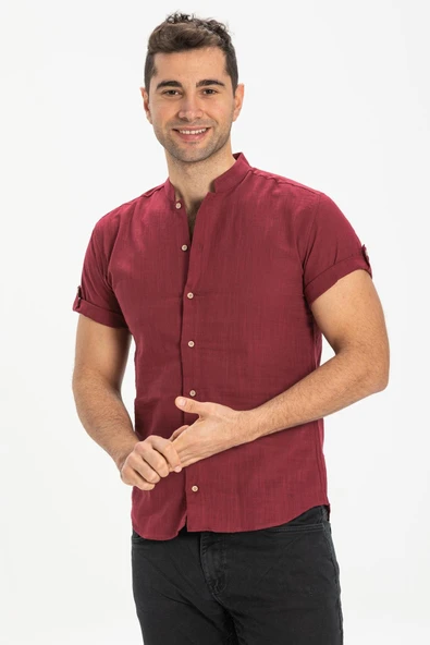 Kısa Kol Şantuklu Pamuk Bodrum Yazlık Erkek Gömlek Koyu Bordo 3068 2XL Bordo - Resim 3