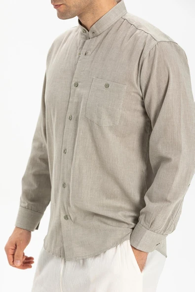 Büyük Beden Uzun Kol Şile Bezi Hakim Yaka Tek Cepli Erkek Yazlık Gömlek Taş 3031 4XL Taş - Resim 3