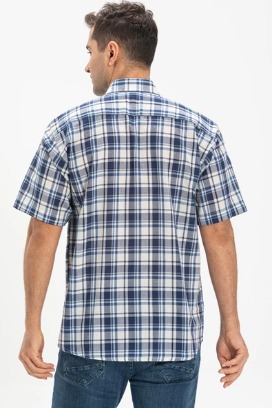 Kısa Kol Şile Bezi Tek Cepli Erkek Yazlık Gömlek Lacivert Ekose 3058 M Lacivert Ekose - Resim 2