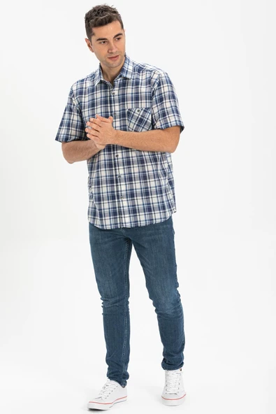 Kısa Kol Şile Bezi Tek Cepli Erkek Yazlık Gömlek Lacivert Ekose 3058