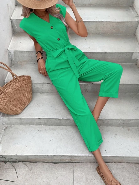 Keten Tek Sıra Düğmeli Kolsuz Tulum - Resim 3