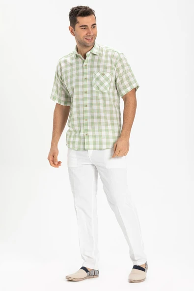 Kısa Kol Şile Bezi Tek Cepli Erkek Yazlık Gömlek Yeşil Ekose 3063 M Yeşil Ekose ürün görseli