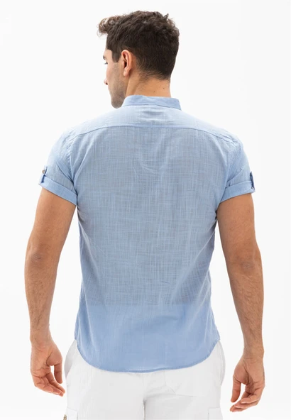 Kısa Kol Şantuklu Pamuk Bodrum Yazlık Erkek Gömlek Açık Mavi 3074 - Resim 2