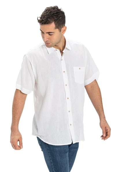 Büyük Beden Kısa Kol Şile Bezi Tek Cepli Erkek Yazlık Gömlek Beyaz 3001 6XL Beyaz - Resim 6