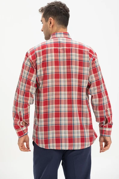 Uzun Kol Şile Bezi Tek Cepli Erkek Yazlık Gömlek Kırmızı Lacivert Ekose 3057 XL Kırmızı Lacivert Ekose - Resim 2