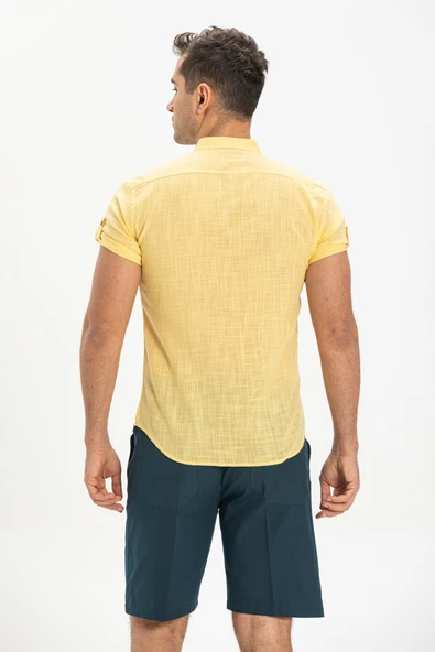 Kısa Kol Şantuklu Pamuk Bodrum Yazlık Erkek Gömlek Sarı 3073 2XL Sarı - Resim 2