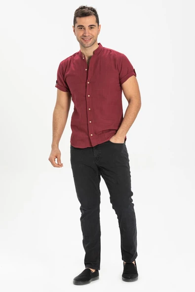Kısa Kol Şantuklu Pamuk Bodrum Yazlık Erkek Gömlek Koyu Bordo 3068 2XL Bordo ürün görseli