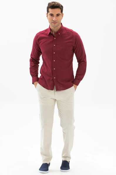 Uzun Kol Dar Kalıp Şile Bezi Tek Cepli Erkek Yazlık Gömlek Koyu Bordo 3068 - Resim 4