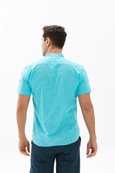 Kısa Kol Şantuklu Pamuk Bodrum Yazlık Erkek Gömlek Açık Turkuaz 3075 - Resim 2