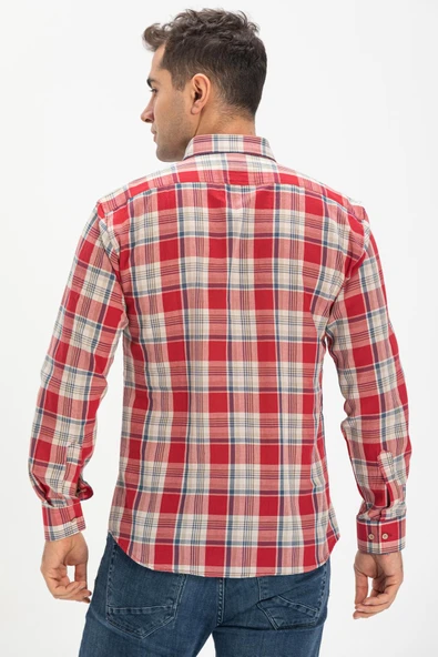 Uzun Kol Dar Kalıp Şile Bezi Tek Cepli Erkek Yazlık Gömlek Kırmızı Lacivert Ekose 3057 XL Kırmızı Ekose - Resim 2
