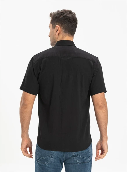 Büyük Beden Kısa Kol Şile Bezi Tek Cepli Erkek Yazlık Gömlek Siyah 3003 6XL Siyah - 2