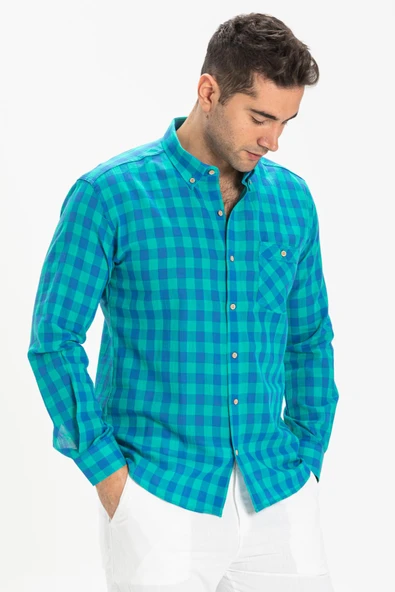 Uzun Kol Dar Kalıp Şile Bezi Tek Cepli Erkek Yazlık Gömlek Mint Kareli 3033 2XL Mint Kareli - Resim 3