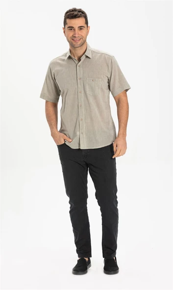 Büyük Beden Kısa Kol Şile Bezi Tek Cepli Erkek Yazlık Gömlek Taş 3031 6XL Taş - 3