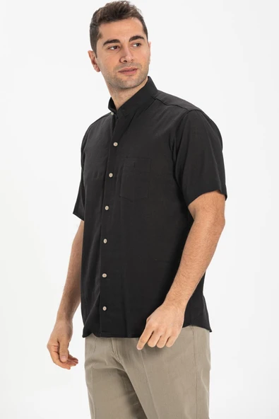 Kısa Kol Şile Bezi Hakim Yaka Tek Cepli Erkek Yazlık Gömlek Siyah 3003 ürün görseli