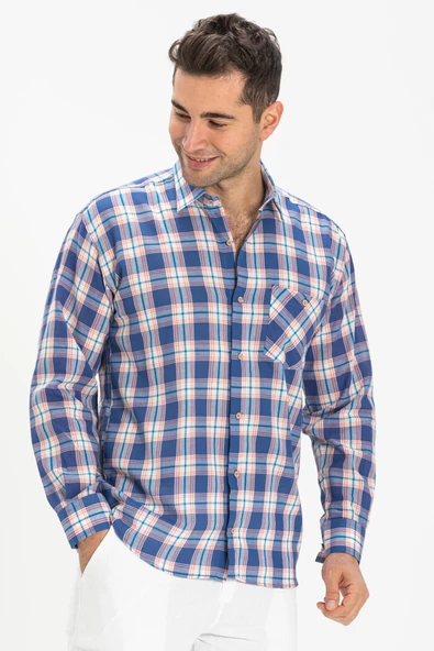 Uzun Kol Şile Bezi Tek Cepli Erkek Yazlık Gömlek Saks Ekose 3060 L Saks Ekose - Resim 3