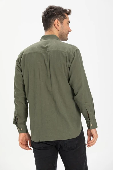 Uzun Kol Şile Bezi Hakim Yaka Tek Cepli Erkek Yazlık Gömlek Haki 3049 M Haki - Resim 2