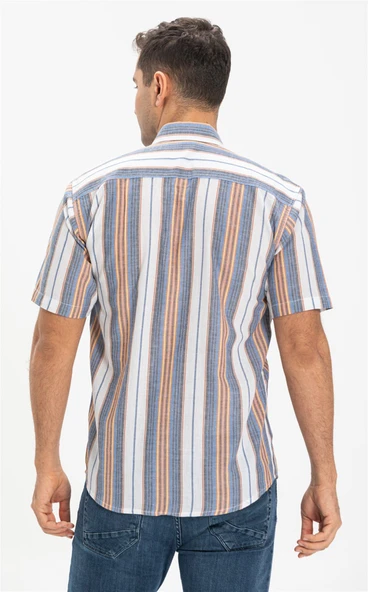 Büyük Beden Kısa Kol Şile Bezi Tek Cepli Erkek Yazlık Gömlek Mavi Gri Çizgili 3037 - Resim 2