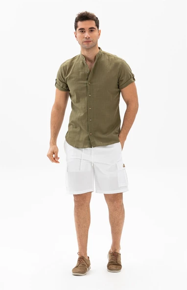 Kısa Kol Şantuklu Pamuk Bodrum Yazlık Erkek Gömlek Haki 3049 3XL Haki - Resim 4