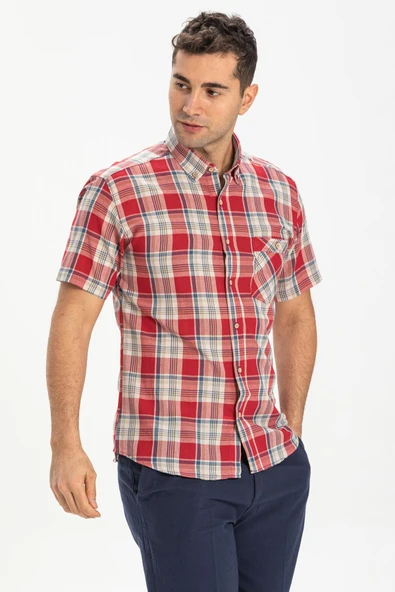 Kısa Kol Dar Kalıp Şile Bezi Tek Cepli Erkek Yazlık Gömlek Kırmızı Lacivert Ekose 3057 S Kırmızı Lacivert Ekose - Resim 3
