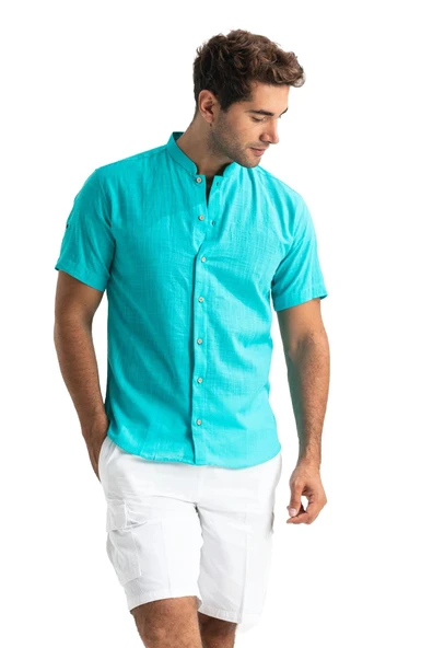 Kısa Kol Şantuklu Pamuk Bodrum Yazlık Erkek Gömlek Turkuaz 3054 - Resim 6