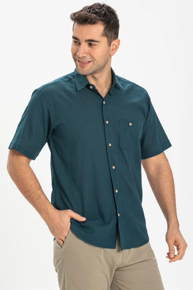 Kısa Kol Şile Bezi Tek Cepli Erkek Yazlık Gömlek Koyu Petrol 3069 XL Koyu Petrol - Resim 4