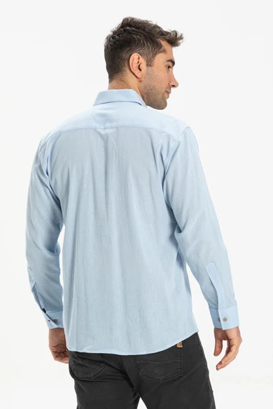 Büyük Beden Şile Bezi Tek Cepli Uzun Kol Erkek Yazlık Gömlek Buz Mavi 3027 4XL Buz Mavi - Resim 2