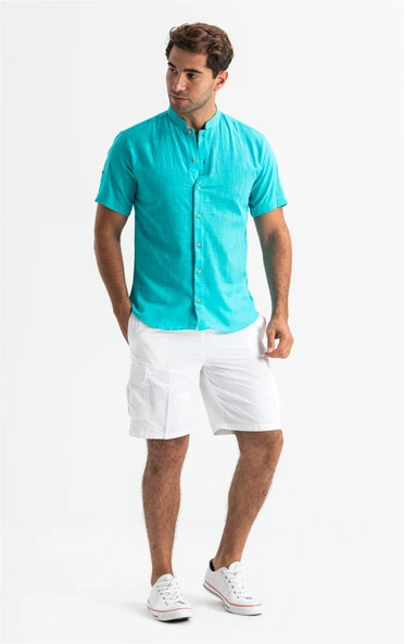 Kısa Kol Şantuklu Pamuk Bodrum Yazlık Erkek Gömlek Turkuaz 3054 - Resim 3