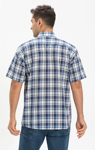 Büyük Beden Kısa Kol Şile Bezi Tek Cepli Erkek Yazlık Gömlek Lacivert Ekose 3058 4XL Lacivert Ekose - 2
