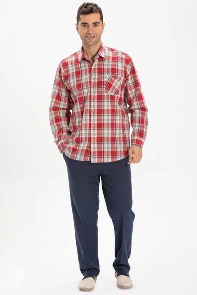 Uzun Kol Şile Bezi Tek Cepli Erkek Yazlık Gömlek Kırmızı Lacivert Ekose 3057 L Kırmızı Lacivert Ekose ürün görseli