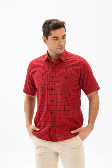 Büyük Beden Kısa Kol Şile Bezi Tek Cepli Erkek Yazlık Gömlek Kırmızı Kareli 3056 4XL Kırmızı Kareli ürün görseli