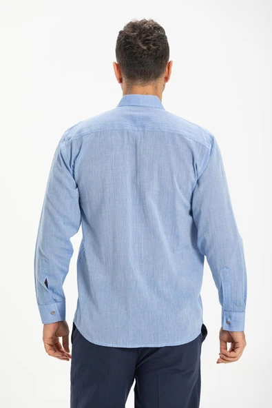 Büyük Beden Şile Bezi Tek Cepli Uzun Kol Erkek Yazlık Gömlek Mavi 3032 4XL Mavi - Resim 2