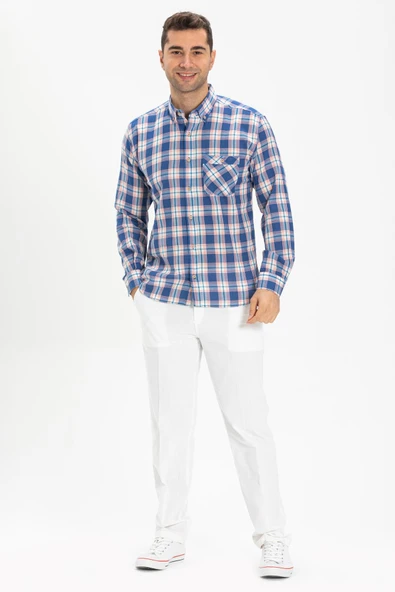 Uzun Kol Dar Kalıp Şile Bezi Tek Cepli Erkek Yazlık Gömlek Saks Ekose 3060 XL Saks Ekose ürün görseli